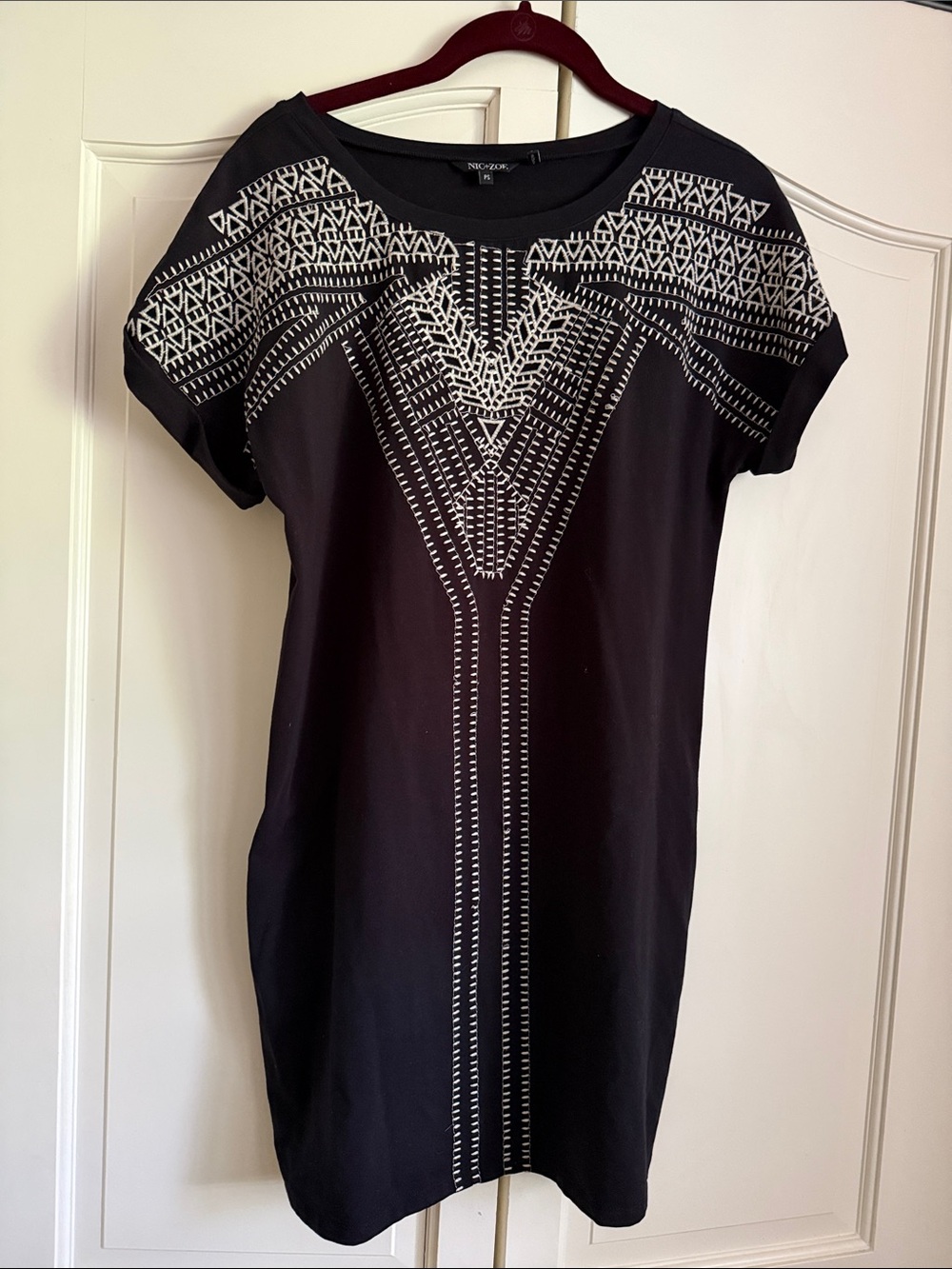 NIC+ZOE Black Tunic with White Geometric Embroidery